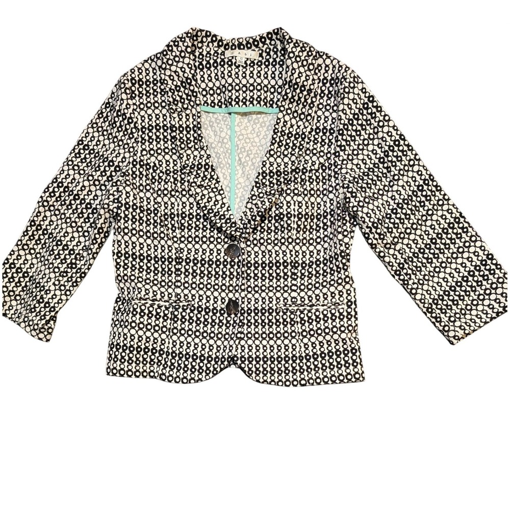 Cabi Black White Geometric Circle Print Cotton Blazer‎ Womens Size 10 3/4 Sleeve